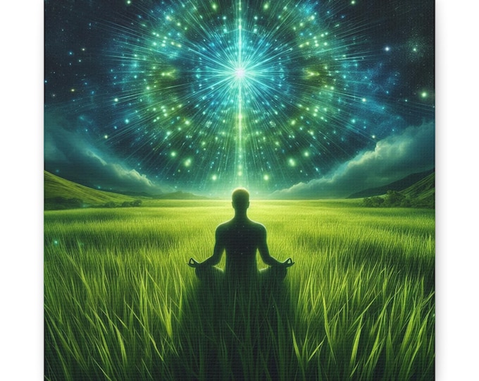 Meditative Glow: Serenity in an Illuminated Grassland Canvas Gallery Wraps, #PemaVajraDesigns