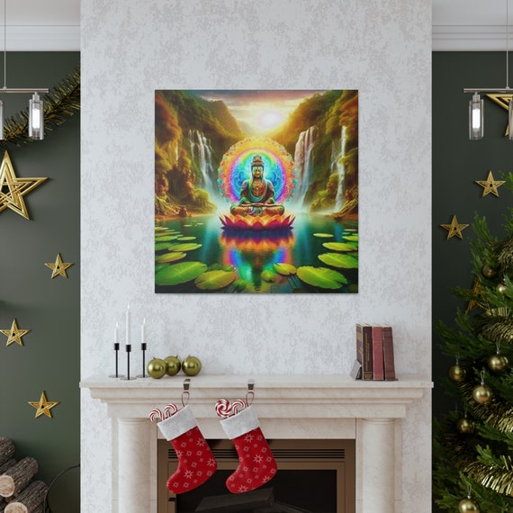 Ayahuasca Inspired Enlightened Buddha Canvas Art: Lotus Lake, Spiritual Home Decor