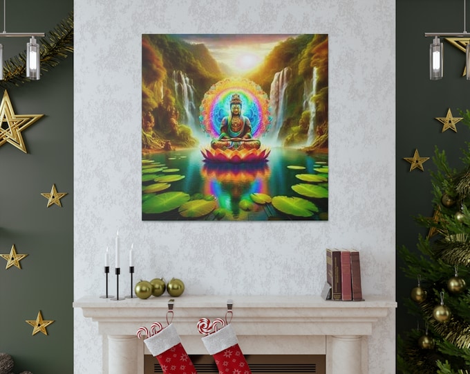 Ayahuasca Inspired Enlightened Buddha Canvas Art: Lotus Lake, Spiritual Home Decor
