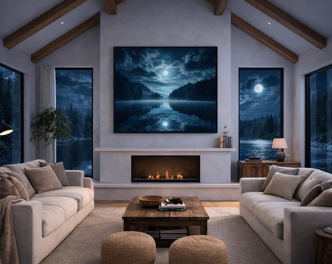 Moonlit Lake Reflection Aluminum Composite Panel | Night Landscape Wall Art
