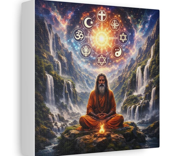 Meditating Monk Cosmic Spiritual Symbols Canvas