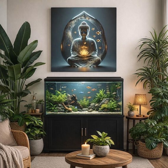 Lotus Sphere Buddha Canvas Art: Tranquil Meditation Print with Golden Koi