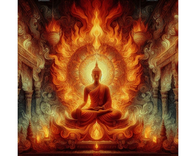 Matte Poster Heart Work:  Primordial Fire of Awakening, Radiant Buddha in Flames
