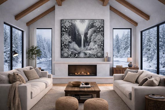 Monochrome Forest Waterfall Aluminum Composite Panel | Scenic Nature Wall Art