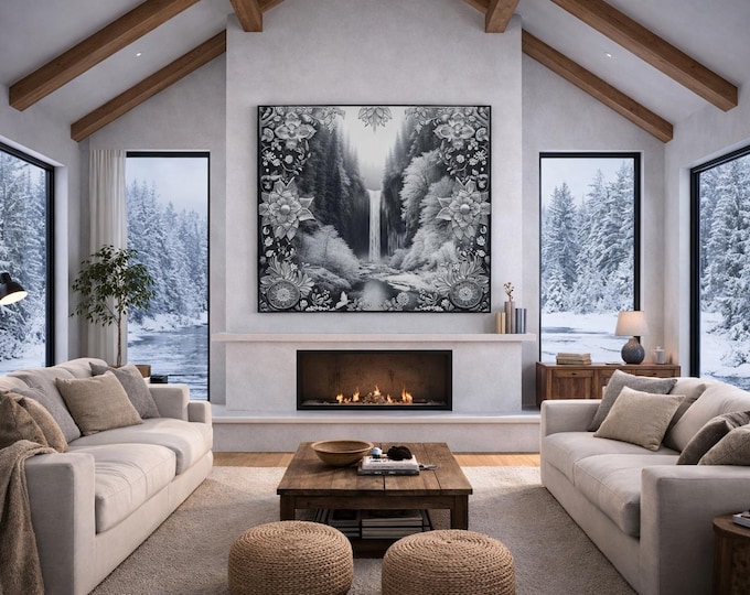Monochrome Forest Waterfall Aluminum Composite Panel | Scenic Nature Wall Art