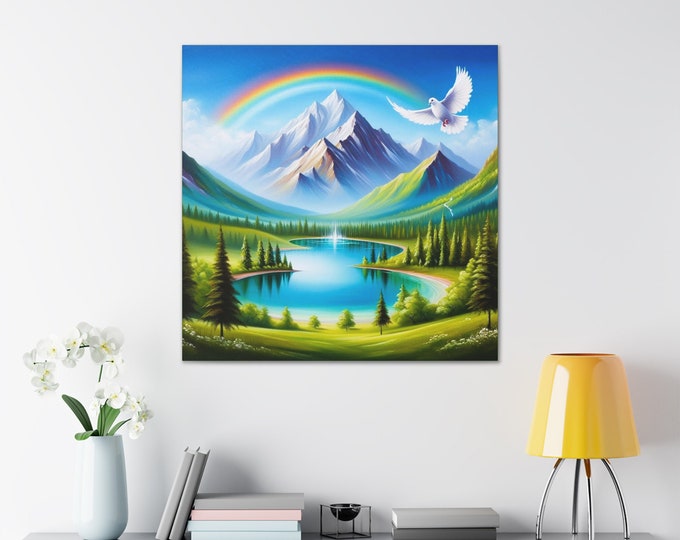 Mountain Lake Canvas Art: Rainbow, Dove, Serene Landscape