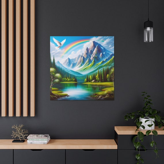 Mountain Lake Canvas Print: Rainbow, Dove, Serene Landscape