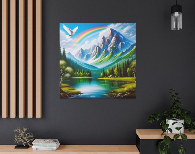 Mountain Lake Canvas Print: Rainbow, Dove, Serene Landscape