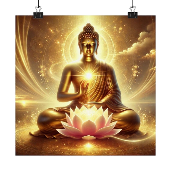 Matte Poster Heart Work:  Radiant Golden Buddha with Lotus Light, Sacred Spiritual Art