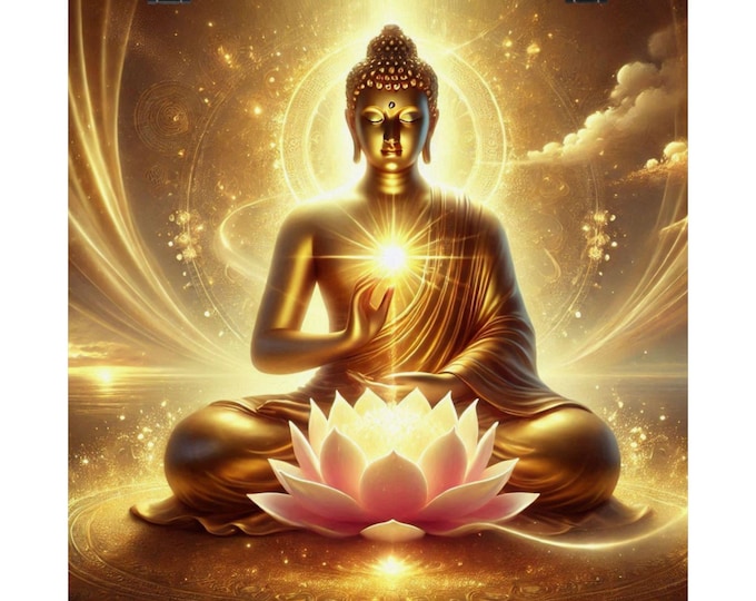 Matte Poster Heart Work:  Radiant Golden Buddha with Lotus Light, Sacred Spiritual Art