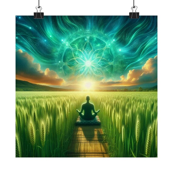 Matte Poster Heart Work:  Meditator in Green Field, Cosmic Natural Mandala