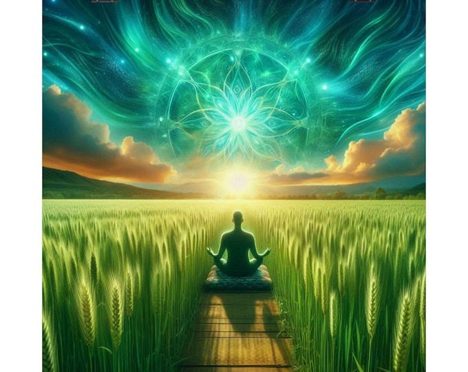 Matte Poster Heart Work:  Meditator in Green Field, Cosmic Natural Mandala