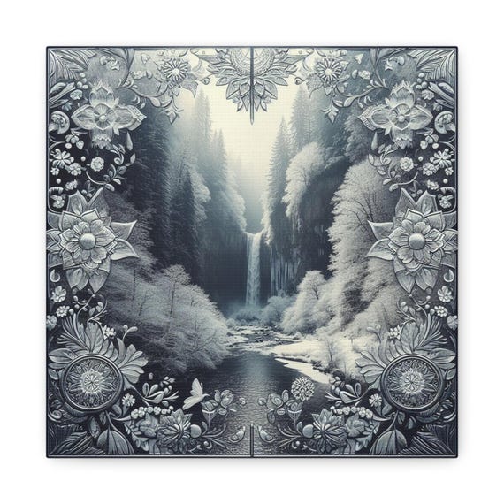 Frozen Window Waterfall: Nature's Serenity on Canvas Gallery Wraps, #PemaVajraDesigns