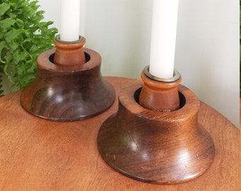 Vintage pair of mid century style 1970's wooden candlesticks. Pair of Vermont wood candle holders with brass inserts. Wood candleholders.