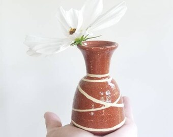 May include: A small, terracotta vase with white stripes is held in a hand. A single white flower with a yellow center is in the vase.