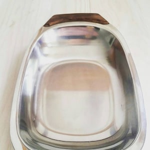 Minimalist Stainless steel and teak serving dish. Lundtofte mid century serving dish. Scandinavian design. Danish serving tray.