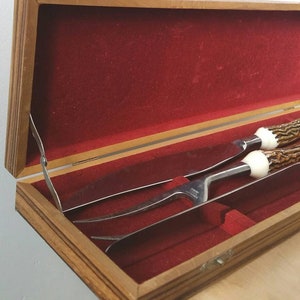 Vintage Faux Stag horn carving set. Japanese stag horn serving set. Vintage stag horn boxed carving set. Holiday dinner decor.