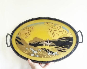 Antique Japanese Crane Lovers Serving Tray, Mid Century Vanity Decor. Wedding gift.