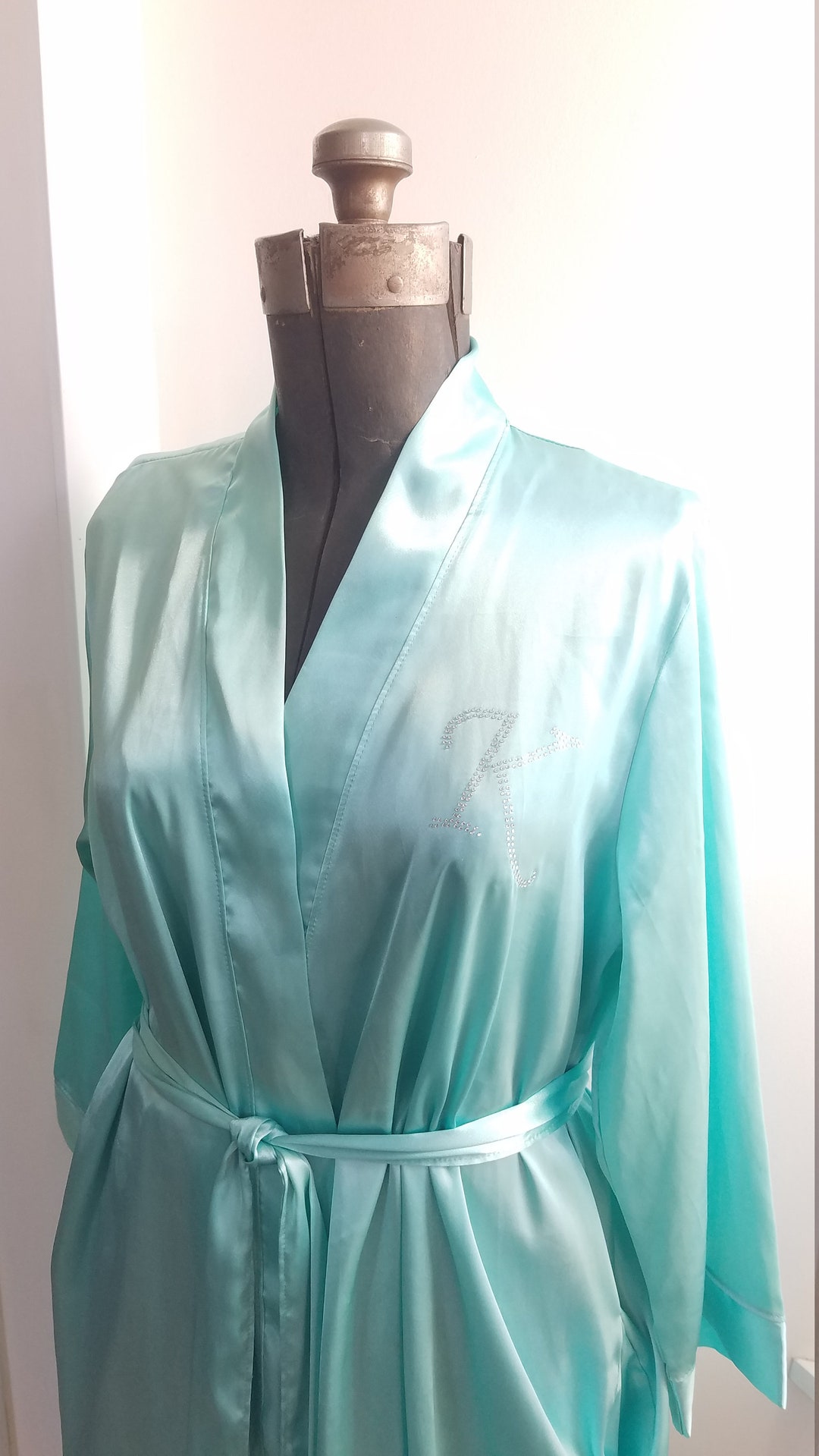 Alkali Robe Vintage Aquamarine Silky Robe With K Initial. Silky Aquamarine Dressing ...