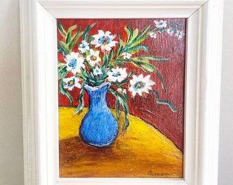 Charming still life oil painting. Framed vase and florals still life oil painting.  Gallery wall oil painting. Housewarming gift.