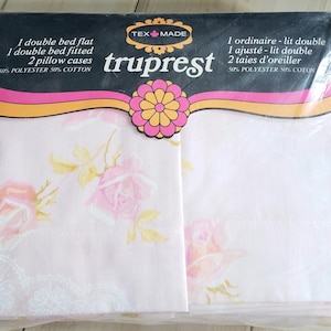 Vintage brandneue 1970er Tex Made Truprest Bettwäsche. Vintage Doppelflach, ausgestattet und Kissenbezüge Set. 1970er Jahre Blumenbettwäsche.1970er Jahre Interieur