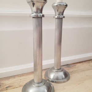 Pair of 1960's heavy pewter candlesticks. Antique pair pewter candle holders. Pair of antique candleholders. Classic column candle holders.