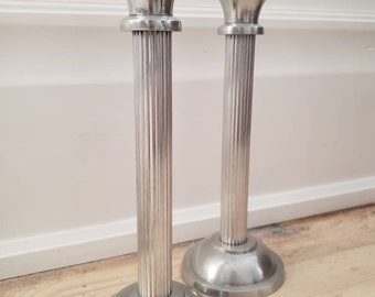 Pair of 1960's heavy pewter candlesticks. Antique pair pewter candle holders. Pair of antique candleholders. Classic column candle holders.