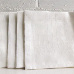 Set of Four White Damask Linen Dessert Napkins. Large lot of vintage linens. Lot of Wedding napkins. Linen Napkins.