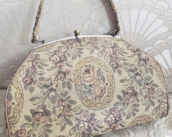 Vintage 1970's floral tapestry carpet bag purse. Floral carpet bag evening bag structured handbag. Vintage floral tapestry purse.