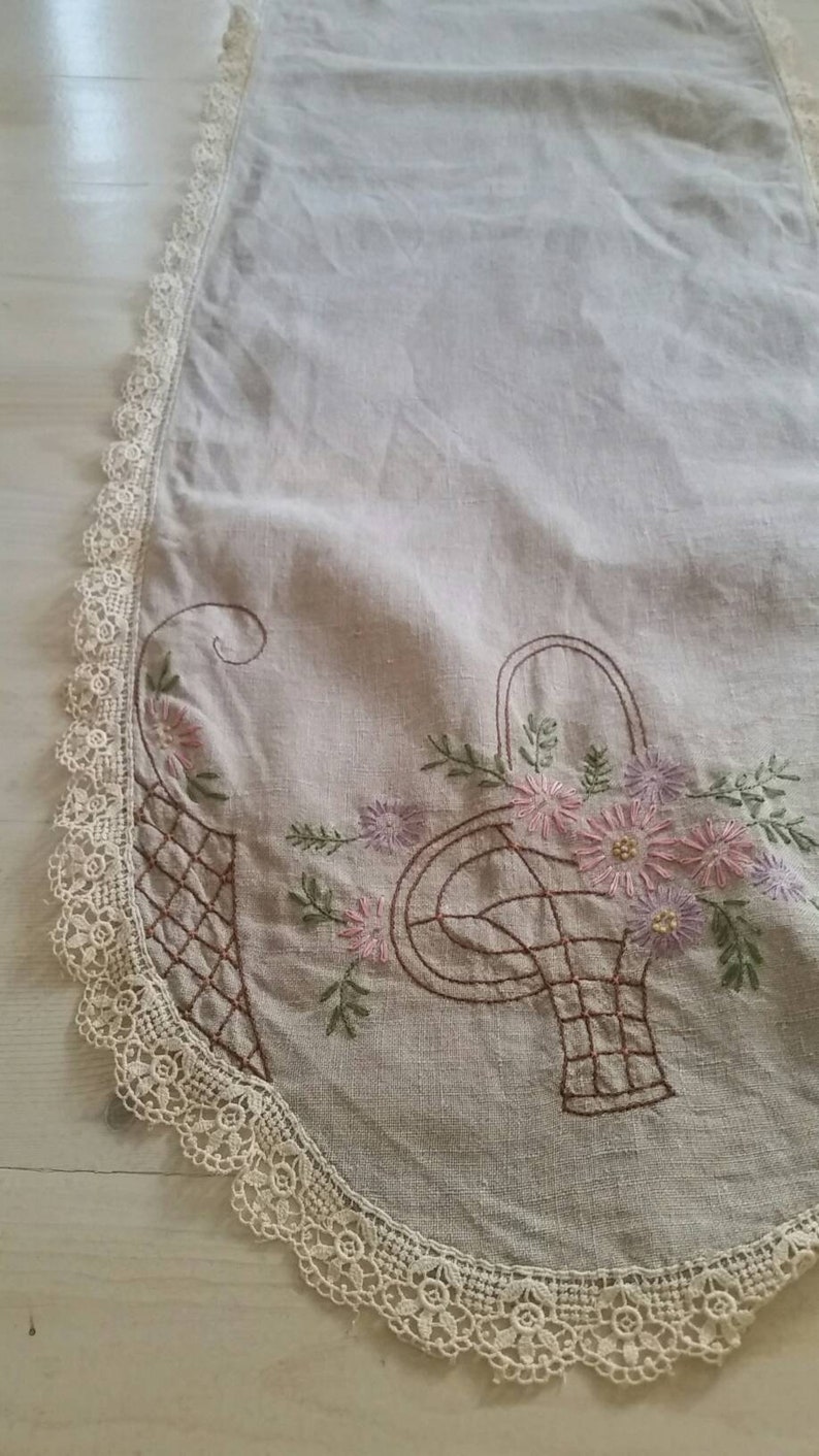 Large Vintage Table Runner. Long Oatmeal Linen Table Runner Etsy