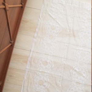 Vintage white lace sheer curtain panel. Charming vintage lace white window curtain panel. Rectangular floral lace curtain panel. 47 x 36&quot;.