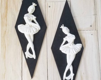 Vintage 1940s Art Deco Ballerina Wall Decor, Ceramic Chalkware Pair
