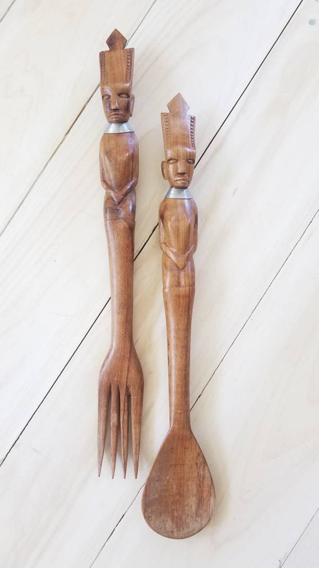 Pair of Large Exotic Wood Salad Servers. Large Tiki Bar Salad Servers