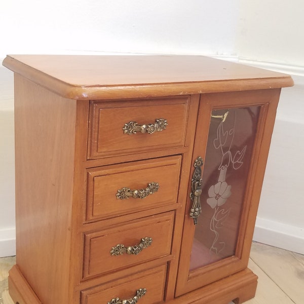 Vintage Gunther Mele 1970's wooden jewelry box. Jewellery cabinet box with mirror and drawers. Large wooden jewellery organizer cabinet.