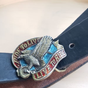 Vintage Leather Belt- Ride to Live, Live to Ride Belt Buckle  display picture 2