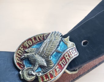 Vintage riem en gesp - Ride to Live, Live to Ride Belt Buckle (80s - 1983 / Eagle Belt Buckle / Harley Davidson Belt Buckle / Motorcycle.