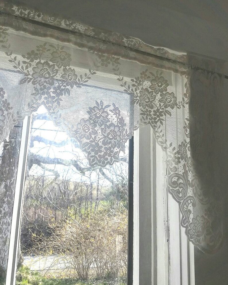 White Lace Window Curtain. Large White Lace Window Topper. Vintage Lace