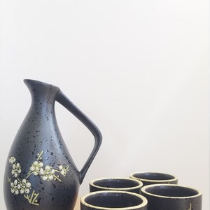 Vintage Japanese inspired sake set. Matte black 5 piece glazed sake barware set. Vintage ceramic sake or tea cups and decanter.