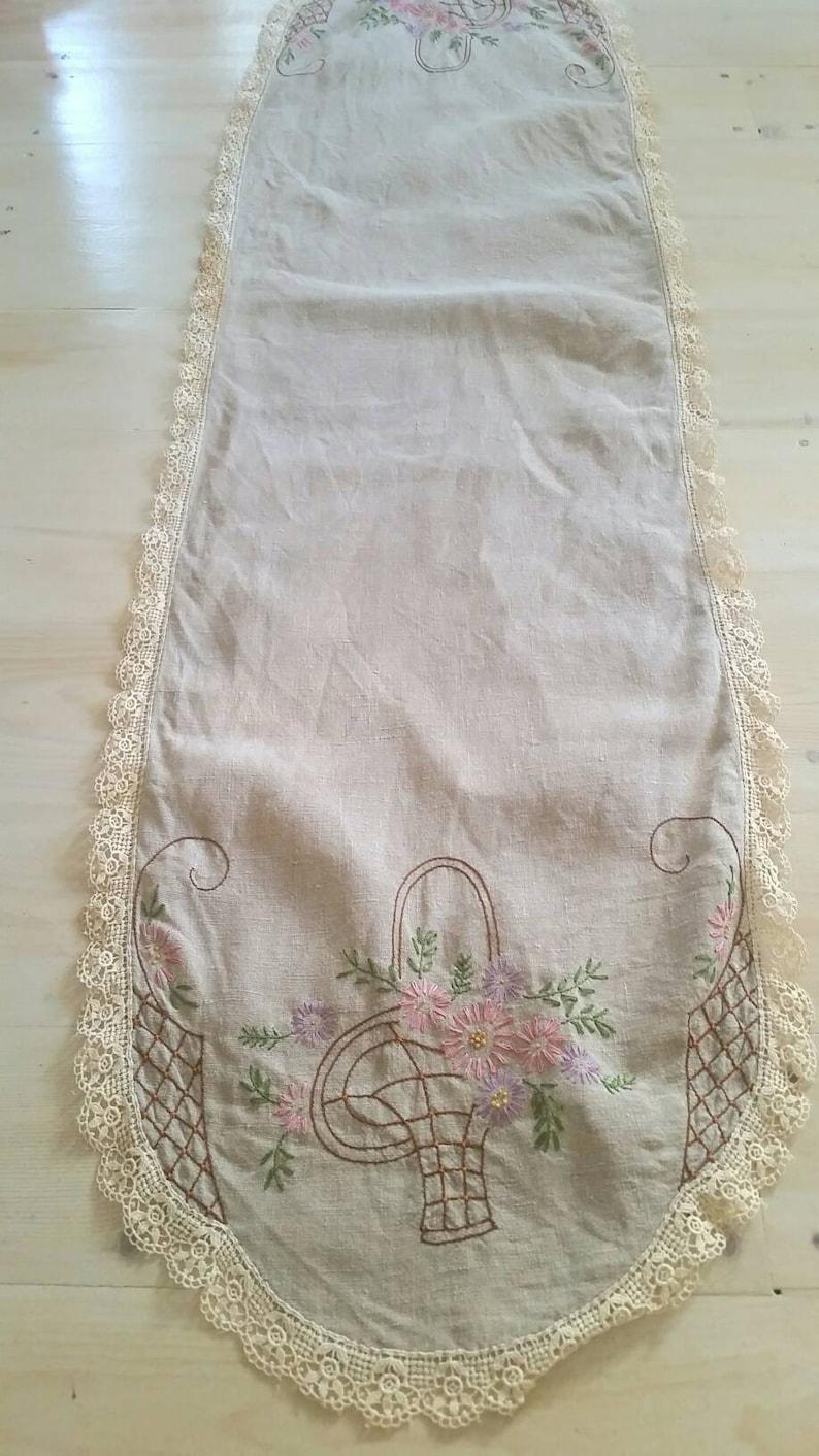 Large Vintage Table Runner. Long Oatmeal Linen Table Runner Etsy