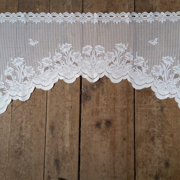 Vintage White Sheer Lace Window Topper Curtain. White Lace Curtain. 58 x 23".