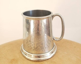 Vintage Birks baby's Humpty dumpty pewter tankard mug. Pewter stein style mug. Small pewter nursery rhyme mug.