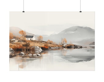 Norwegian Fjord Rolled Poster, Watercolor Fjord Wall Art, Landscape Wall Art