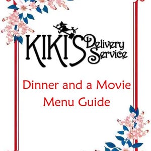 May include: A rectangular menu guide with a red border and decorative red corners. The text reads Kiki's Delivery Service, Dinner and a Movie Menu Guide. The design features white flowers with blue leaves in the top left and bottom right corners.