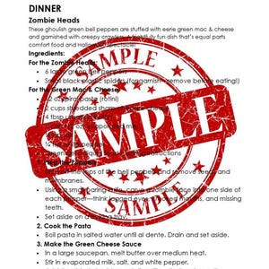 May include: A printed document titled ParaNorman Dinner and a Movie Menu Guide featuring a recipe for Zombie Heads, which are green bell peppers stuffed with green mac and cheese. A large red circular SAMPLE stamp is overlaid on the text.