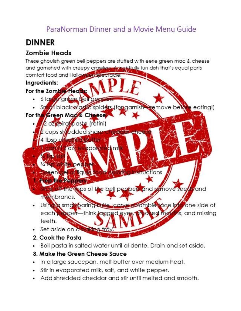 May include: A printed document titled ParaNorman Dinner and a Movie Menu Guide featuring a recipe for Zombie Heads, which are green bell peppers stuffed with green mac and cheese. A large red circular SAMPLE stamp is overlaid on the text.