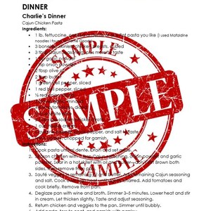 May include: A recipe for Cajun Chicken Pasta, titled "Charlie's Dinner," from the "Coraline Dinner and a Movie Menu Guide." The ingredients and instructions are listed in black text on a white background, with a red "SAMPLE" stamp overlay.