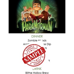 May include: A ParaNorman movie poster featuring a central character reading a book surrounded by other figures, with text below reading DINNER, Zombie Heads, Aac: ke Dip, rs, and DRINK Blithe Hollow Brew, overlaid with a red circular SAMPLE stamp.