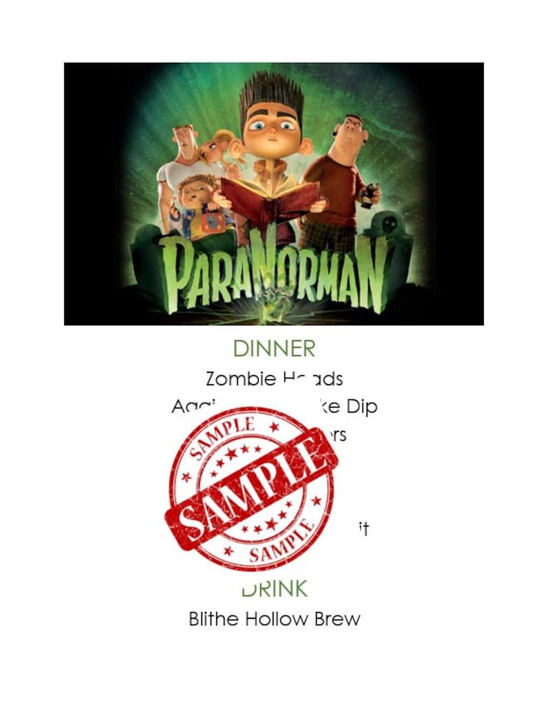 May include: A ParaNorman movie poster featuring a central character reading a book surrounded by other figures, with text below reading DINNER, Zombie Heads, Aac: ke Dip, rs, and DRINK Blithe Hollow Brew, overlaid with a red circular SAMPLE stamp.
