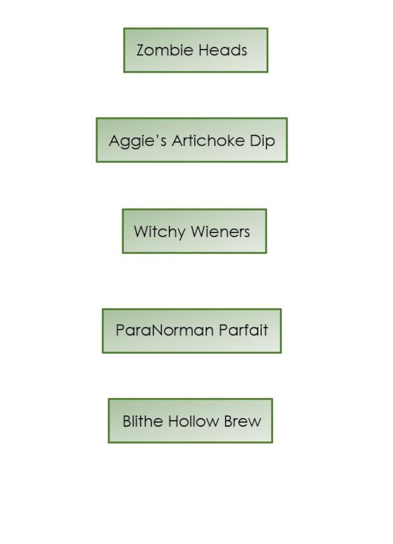 May include: Five rectangular labels with a light green background and dark green borders. The labels feature black text reading: Zombie Heads, Aggie's Artichoke Dip, Witchy Wieners, ParaNorman Parfait, and Blithe Hollow Brew in a simple sans-serif font.