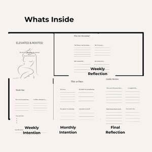 May include: A journal spread with the text "Whats Inside" at the top. The left side features a line drawing of a woman and the text "ELEVATED & ROOTED". Sections include "Weekly Intention", "Monthly Intention", and "Final Reflection".